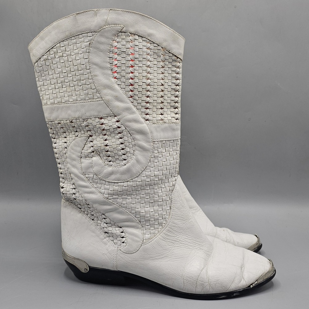 Vintage 80s Enzo Angiolini Woven Leather White Heeled Western Boots Women's 9